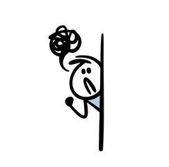Angry character looks out from behind the corner of the wall and shakes his fist. Vector illustration of aggressive stickman.