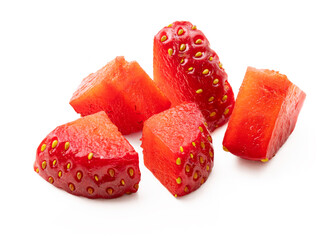 Cut strawberry pieces isolated on white. Chopped strawberry close up.