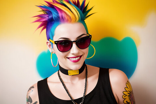 Portrait of a woman with colorful rainbow mohawk hair and sunglasses on a abstract painted background, summer vibrancy. Generative AI.