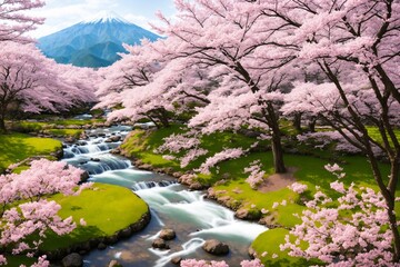 Sakura blossoms in japanese style ornamental garden, beautiful landscape. Generative AI.