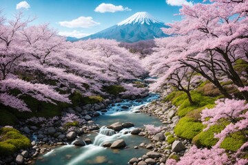 Naklejka premium Sakura blossoms in japanese style ornamental garden, beautiful landscape. Generative AI.