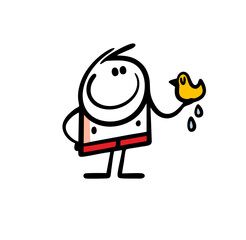 Wet stickman baby holds yellow rubber duck toy. Vector illustration of funny boy in swimming pool or bath.