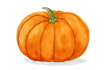 Watercolor pumpkin painting isolated on white background. Autumn harvest. Vegetarian raw food. Hand drawn sketch of a happy Thanksgiving Pumpkin.
