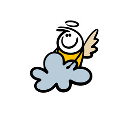 Funny little angel with halo and wings sitting on heaven cloud. Vector illustration of fantastic religion.