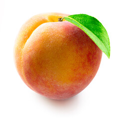 Fresh peach with leaf isolated on white background with clipping path.