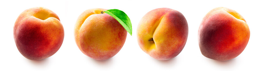 Set of peach with leaf. Fresh peaches collection isolated on white background.