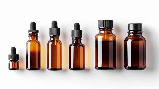 various amber glass bottles for cosmetics, natural medicine , essential oils or other liquids isolated, top view, white background