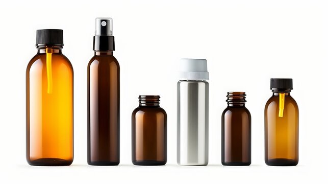 various bottles, roller bottles, spray bottles made of glass and metal for cosmetics, natural medicine , essential oils or other liquids isolated, top view, white background