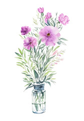 watercolor wildflowers bouquet in a pretty transparent glass vase, vector