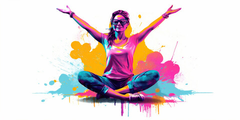 Obraz premium Rainbow silhouette of happy yoga girls. Contemporary art collage of young girl meditating, doing yoga. Concept of art, creativity, healthy lifestyle. International day of yoga. AI Generated