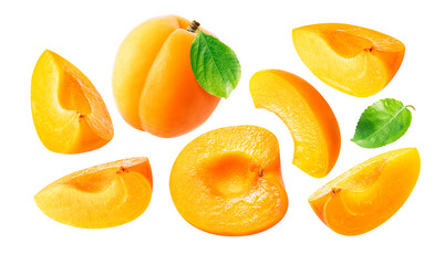 Fresh apricot collection on white background. Set of whole, half apricot and apricot slices with leaf.