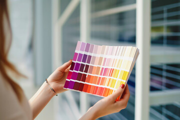 girl holds a scale of color catalogs and chooses in a bright room with white tones. close up view, Generative AI