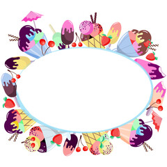 Colorful oval frame of various ice creams on a white background. Summer vector illustration.
