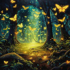 Obraz na płótnie Canvas Golden Butterfly Forest, AI