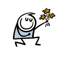 Obraz premium Lover fan got down on one knee and holds out a bouquet of flowers. Vector illustration of love stickman.