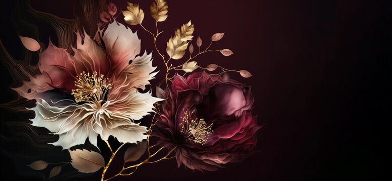 a wallpaper botanical flowers with one big flower for whole artwork flowing alcohol ink style bioluminescence maroon background, white, gold, generative ai.