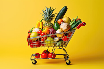 shopping cart with fresh produce, fruits and vegetables, on a yellow background, healthy eating concept, Generative AI