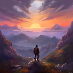 Fototapeta premium A hiker admires the majestic view of a mountain range, illuminated by the beauty of a sunset sky. Generative AI