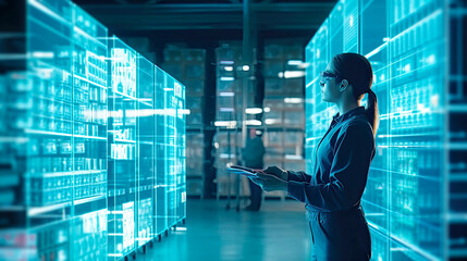 Warehouse logistics with smart storage system control. Postproducted generative AI illustration.	