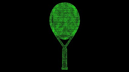 3D tennis racket on black background. Object made of shimmering particles. Sport equipment concept. For title, text, presentation. 3d animation.