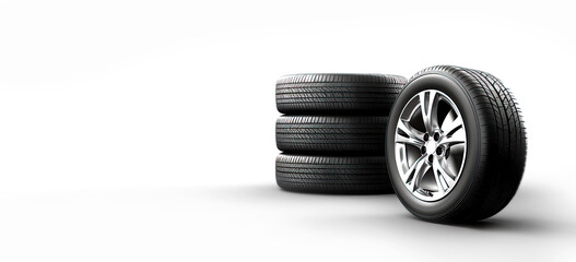 Obraz na płótnie Canvas Four car wheels and tires isolated on white background. Postproducted generative AI illustration. 