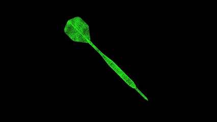 3D darts dart on black background. Object made of shimmering particles. Sport equipment concept. For title, text, presentation. 3d animation.