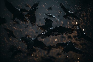 Dark birds flying in the night. Generative AI
