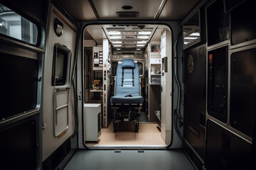 Back view of ambulance van with open doors. Emergency medical devices, ambulance interior details with necessary patient care equipment. Basic emergency for quick health help service. Generative AI