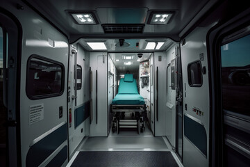 Modern metal ambulance van car with open doors. Emergency medical devices ambulance interior details with necessary patient care equipment. Basic emergency for quick health help service. Generative AI