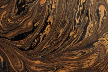 Tuinposter Art flow pour oil and acrylic color painting blot. Abstract liquid swirl black and gold texture background. © Liliia