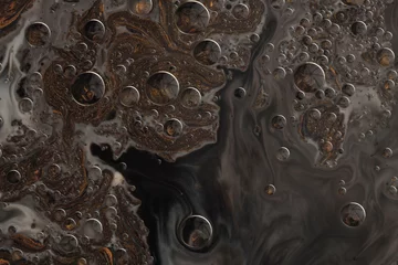 Rolgordijnen Art flow pour oil and acrylic color painting blot. Abstract liquid swirl black texture background. © Liliia
