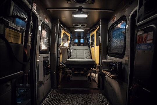 Convenient new ambulance van with open doors. Emergency medical devices, ambulance interior details with necessary patient care equipment. Basic emergency for quick health help service. Generative AI