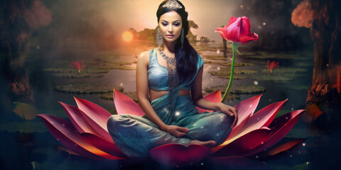 Beautiful woman doing kundalini meditation. Sitting on lotus flower. AI Generative