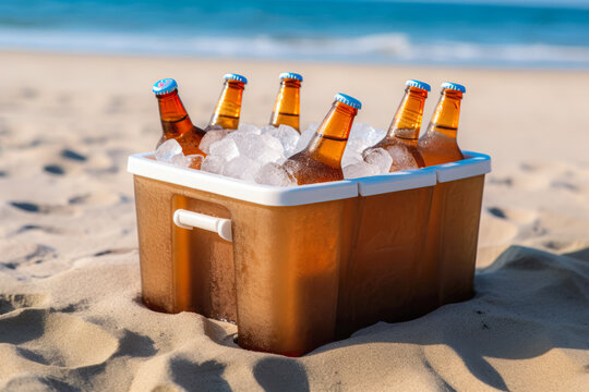 cooler container filled with ice and beer on beach sand, ocean waves background. Generative AI