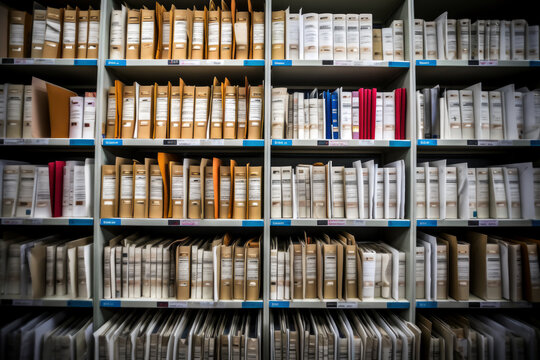 Medical record charts on shelve sorted alphabetically.