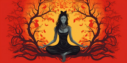 Meditation chakra concept. Meditating young woman. Yoga. Concentration. World Yoga Day. AI Generative