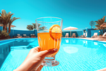 Fototapeta na wymiar Relaxing by the pool from the first person, with a refreshing orange drink in hand. sky background. Generative AI