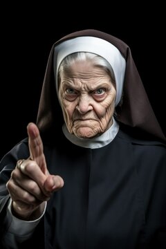 An older nun wagging finger in disapproval