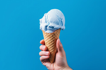 hand holding a waffle cone with white ice cream on a blue background, Generative AI