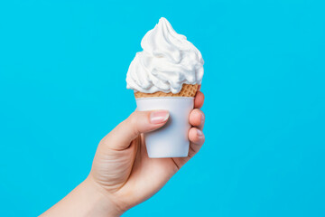 hand holding a waffle cone with white ice cream on a blue background, Generative AI - obrazy, fototapety, plakaty