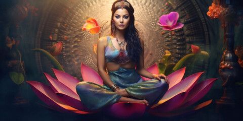 Beautiful woman doing kundalini meditation. Sitting on lotus flower. AI Generative