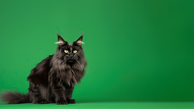 Black main coon cat post on green background with copyspace (Generative AI)