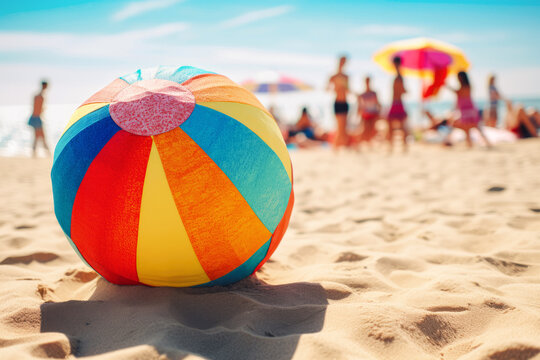  beach ball on the sand beach with people on the background. Generative AI