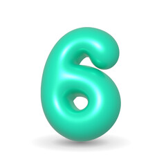 Luxury, colorful and glossy aquamarine mint balloon digit six. 3d realistic design element isolated on white background. For happy birthday, birthday cake, anniversary.