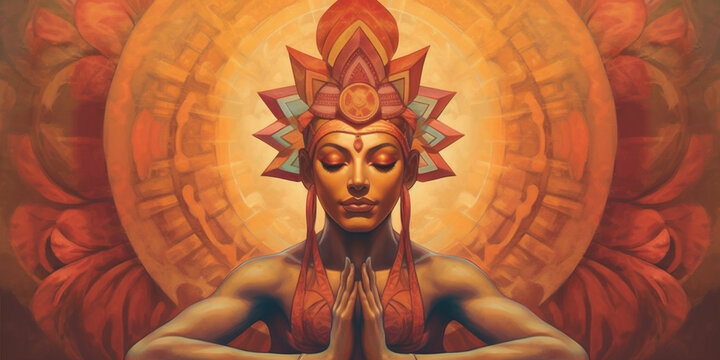 Beautiful mystical dreamer woman in space with galaxi and stars. Meditation and yoga concept. AI Generative.
