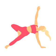 Training pilates yoga pose. Blonde sport ponytail hair female, lady, woman, girl. Meditation, mental health, fitness, gym. Vector illustration in cartoon flat style isolated on white background.