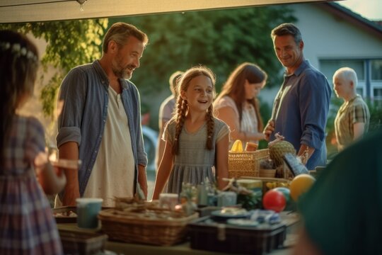 A family candidly interacts while hosting a bustling garage sale, fostering a sense of community and camaraderie among their neighbors, generative ai