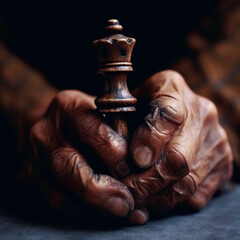 closeup of the hands of an elderly person holding a chess piece, generative ai
