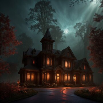 Dark house in florest at night with fog.Created with Generative AI