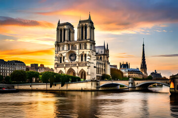 Fototapeta na wymiar Views of Notre Dame Cathedral from the River